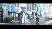 a man and a girl are walking down a street in front of a building .