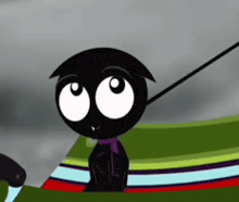 a black cartoon character is sitting on a boat with a purple scarf around his neck .