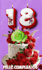 a cake with red roses and a candle that says 18