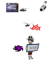 a cartoon character holding a map with a helicopter and a camera in the background