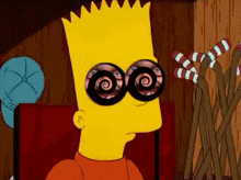 bart simpson is wearing a pair of hypnotic glasses and looking at something .