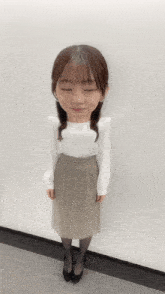 a woman with her eyes closed is wearing a white shirt and plaid skirt