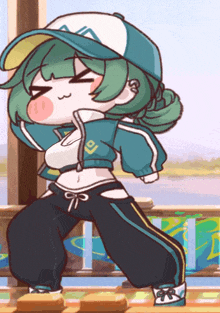 a cartoon of a girl with green hair wearing a hat
