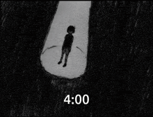 a black and white drawing of a person holding their head and the time 4:00