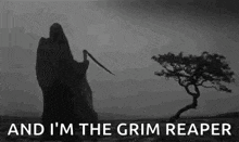 a grim reaper is standing next to a tree in the middle of a field .
