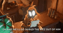 a cartoon character is sitting on a couch holding a tablet and talking to another character .