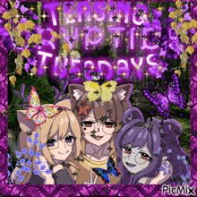 a picture of three anime girls with butterflies on their heads and the words " tensome mystic tuesdays " on the bottom