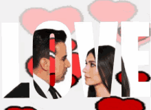 a man and a woman looking at each other with the word love in the background