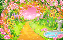 a pixel art of a garden with flowers and trees