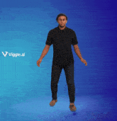a man in a black shirt is standing in front of a blue background with a viggle.ai logo