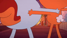 a couple of cartoon characters are hugging each other and one has a cloud on his butt