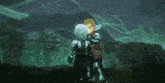 two video game characters are standing next to each other in a dark room