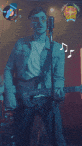 a man singing into a microphone surrounded by colorful confetti and music notes