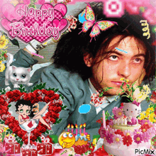 a picture of a man surrounded by flowers and a cake with the words happy birthday on the top