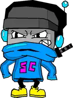 a cartoon character is wearing a blue shirt with the letter sc on it
