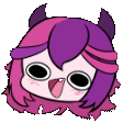 a cartoon of a girl with purple hair and horns sticking her tongue out .