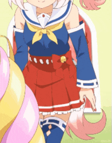 a girl in a sailor outfit is standing next to a pink unicorn