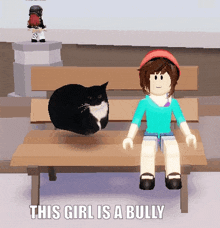 a girl is sitting on a bench next to a black and white cat with the caption this girl is a bully