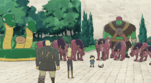 a group of cartoon characters standing on a sidewalk including a girl and a boy