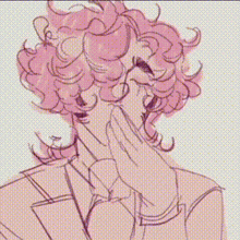 a close up of a drawing of a man with pink hair and a bow tie .