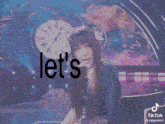a woman in a black dress is standing in front of a clock and the words a-s-a-p baby