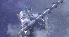 a robot is flying through the air and holding a sword