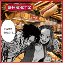 a poster for sheetz fresh food made to order with a hot dog and french fries in the background