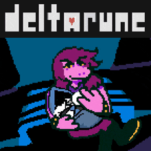 a pixel art of a girl holding a cat with the word deltarune above her