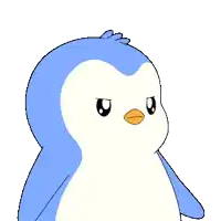 a blue and white penguin with a yellow beak is waving