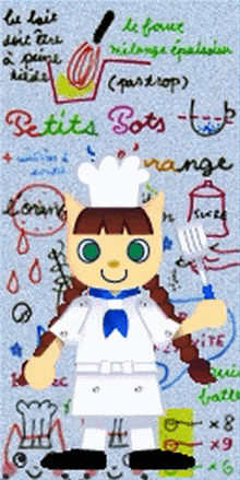 a drawing of a cat wearing a chef 's hat and holding a fork says petits bots