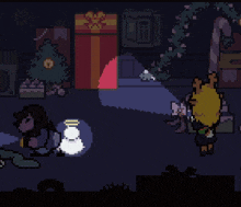 a pixel art of a person making a snowman in a room with a christmas tree .