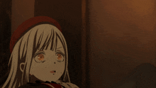 a girl with long white hair and red eyes looks angry