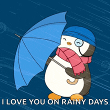 a penguin holding an umbrella in the rain with the words i love you on rainy days below it