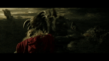 a man in a red cape is standing on a rock