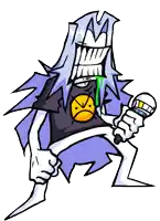 a cartoon character is holding a microphone and wearing a black shirt with an angry face on it