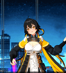 a girl in a yellow and black outfit is standing in front of a city at night