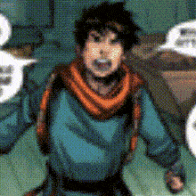 a cartoon of a boy wearing a scarf and a green shirt
