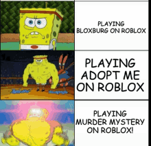 a cartoon of spongebob playing bloxburg on roblox