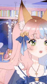 a girl with pink hair and green eyes has a necklace with a star