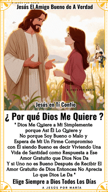 a poster of jesus talking to a woman with spanish writing