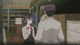 a man and a girl are standing in a room with boxes on the shelves and a play button on the bottom right