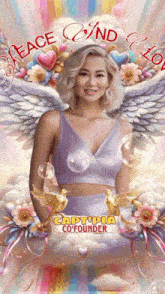 a painting of a woman with angel wings and the words peace and love above her