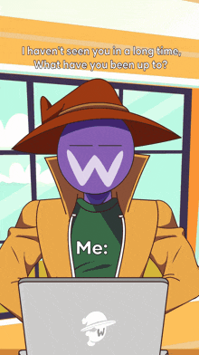 a cartoon of a man wearing a hat and a green shirt with the word me on it