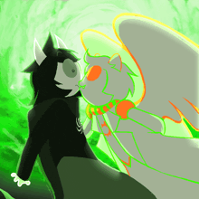 a drawing of a cat and an angel kissing with green background