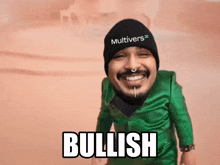 a man wearing a green shirt and a black beanie says bullish .