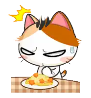 a cat is sitting at a table with a plate of food on it