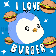 a penguin surrounded by hamburgers with the words i love burger below it
