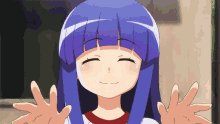 a cartoon girl with blue hair is smiling with her hands outstretched