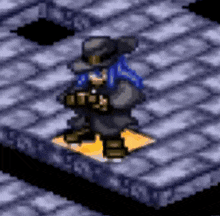 a pixel art character is standing on a brick floor holding a gun .