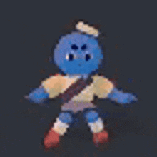 a blue cartoon character is standing with his arms outstretched and wearing a hat .